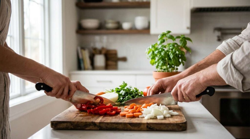 Basic knife skills for home cooks using a chef's knife to safely cut fresh vegetables