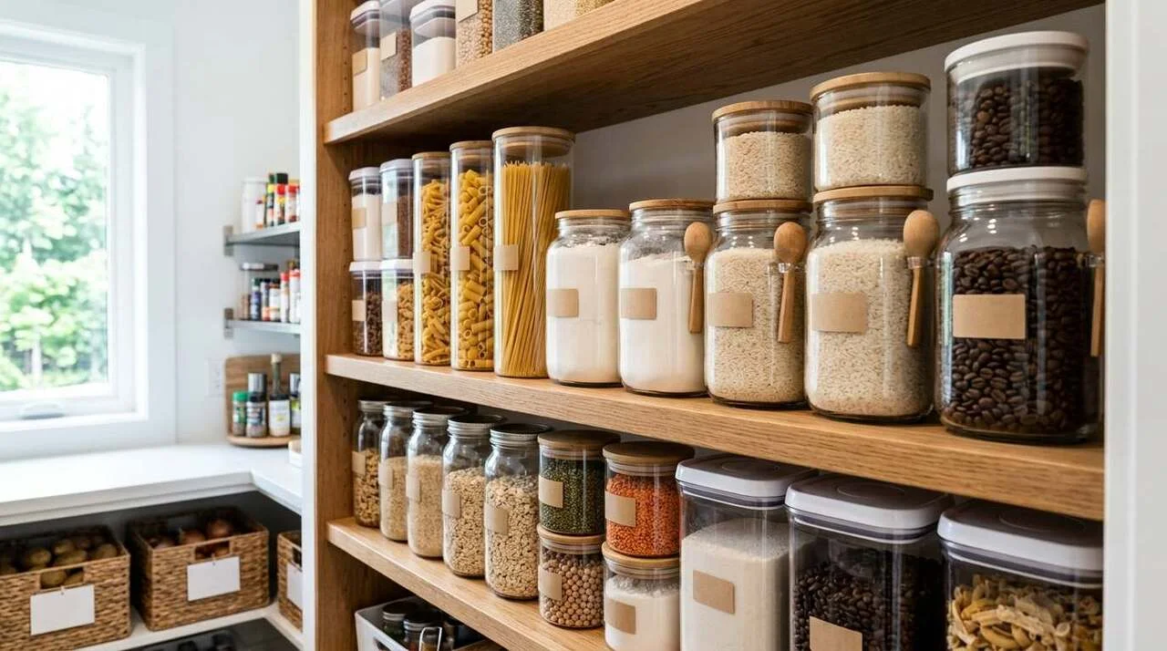Best Airtight Container for Kitchen Storage: Top Picks & Buyer's Guide 1 Organized kitchen pantry with airtight containers filled with dry goods on wooden shelves.