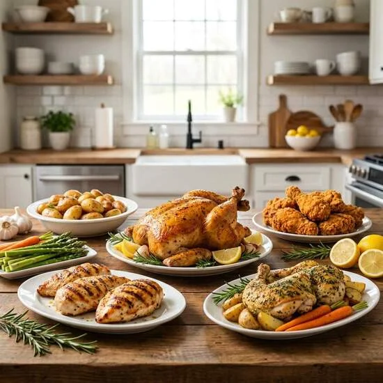 Assorted homemade chicken recipes including roasted, grilled, and crispy chicken served with fresh herbs and vegetables.