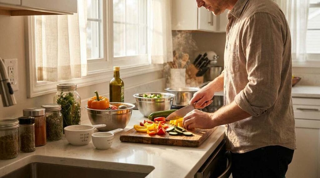 Cooking basics for beginners with essential kitchen tools, fresh ingredients, and safe food preparation in a bright home kitchen.