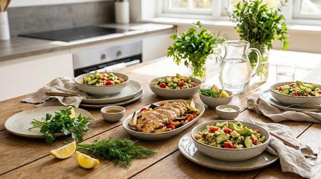 Delicious healthy chicken recipes with grilled chicken, fresh vegetables, quinoa, and Mediterranean-inspired ingredients on a modern table.