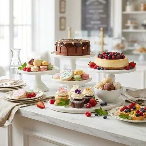 Selection of delicious homemade desserts featuring cake, cheesecake, cupcakes, macarons, cookies, and fresh berries.