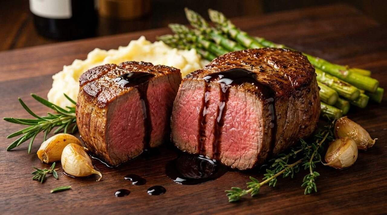 Filet mignon with rich balsamic glaze served with mashed potatoes and roasted asparagus.