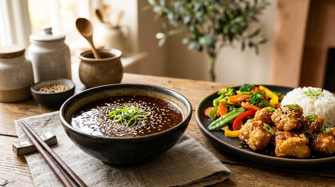 Glossier sauce recipe with homemade glossy sauce served with chicken and vegetables