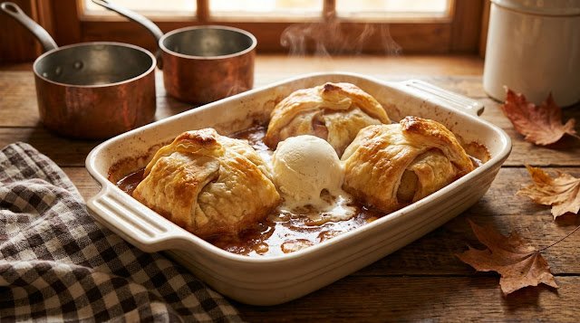 Country Apple Dumplings Recipe: Easy Homemade Dessert 1 Golden baked country apple dumplings in flaky pastry with cinnamon syrup served in a rustic farmhouse dish.