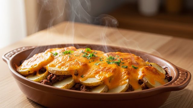 Hamburger Potato Casserole with ground beef, creamy potatoes, and melted Cheddar cheese