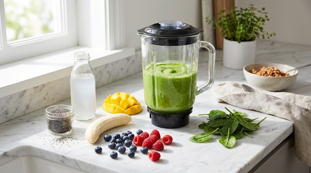 Healthy blender drink with fresh fruits and green smoothie in modern kitchen setup for nutrition and wellness lifestyle.