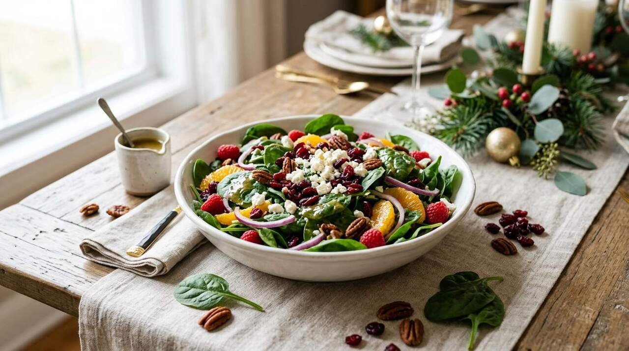 Jamies cranberry spinach salad with cranberries, feta cheese, pecans, and fresh spinach