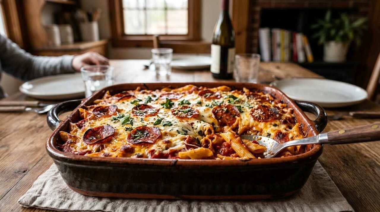 Simple Pizza Casserole Recipe for Easy Weeknights 1 Simple pizza casserole recipe with pasta, pepperoni, tomato sauce, and melted mozzarella cheese