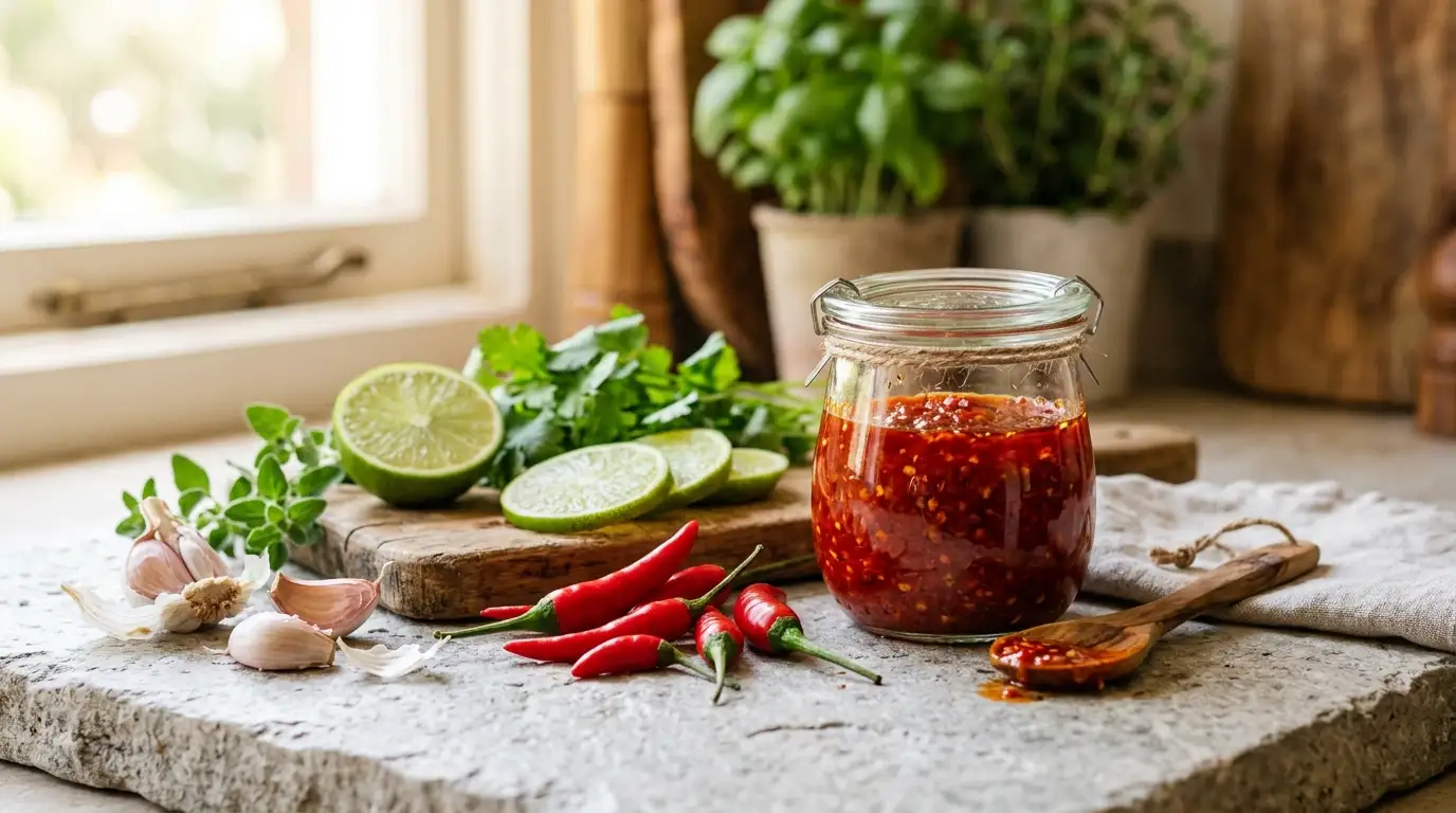 Homemade spicy sauce with fresh red chili peppers, lime, and garlic on a kitchen counter