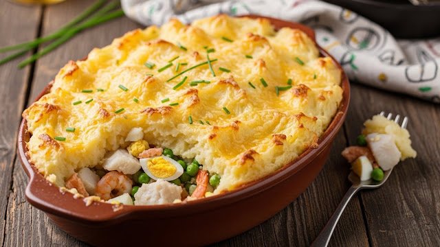 The Hairy Bikers’ fish pie with cheese mash, white fish, prawns, peas, and golden Cheddar topping