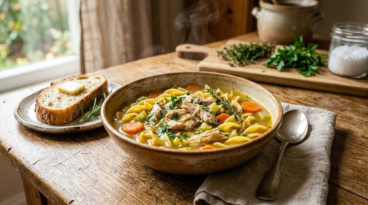 Ultimate chicken noodle soup with tender chicken, egg noodles, carrots, celery, and fresh herbs