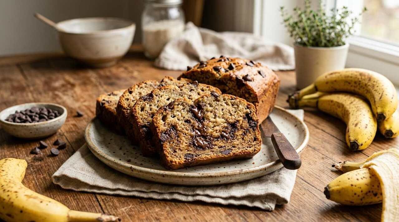 Vegan banana bread with chocolate chips sliced on a plate