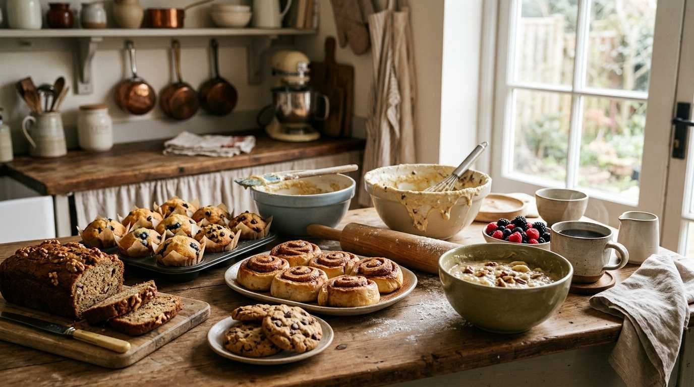 Weekend Baking: Easy Recipes for Cozy Weekends 1 Weekend baking ideas with cinnamon rolls, muffins, banana bread, cookies, and coffee in a cozy kitchen