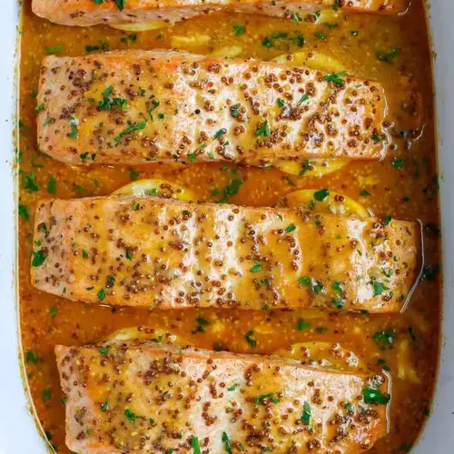 Honey Mustard Sauce for Salmon Recipe 2 Oven-baked salmon coated with homemade honey mustard sauce and caramelized edges