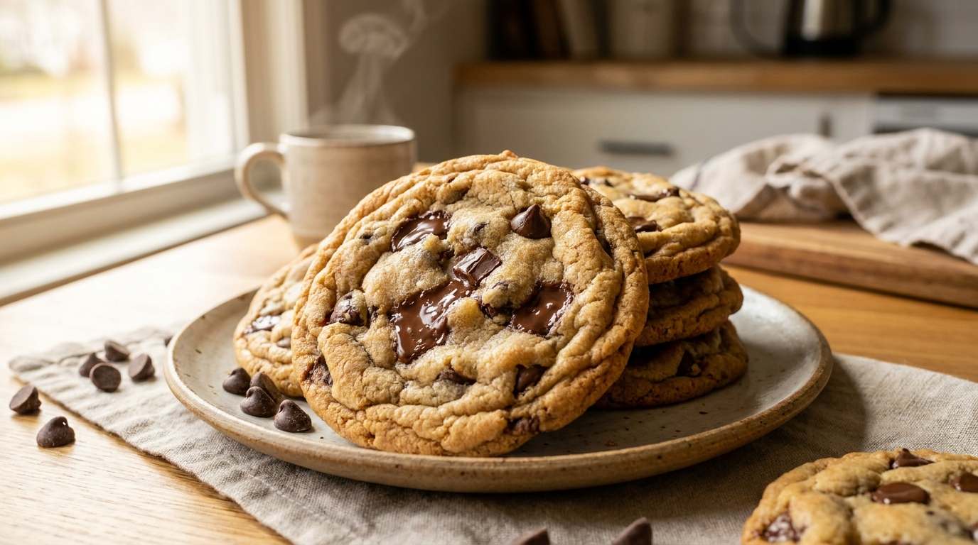 Big Fat Chewy Chocolate Chip Cookies 1 Big fat chewy chocolate chip cookies with golden edges and melted chocolate chips