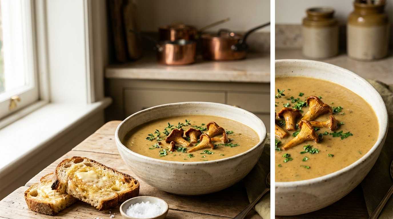 Bowl of creamy mushroom soup with sautéed mushrooms and fresh herbs