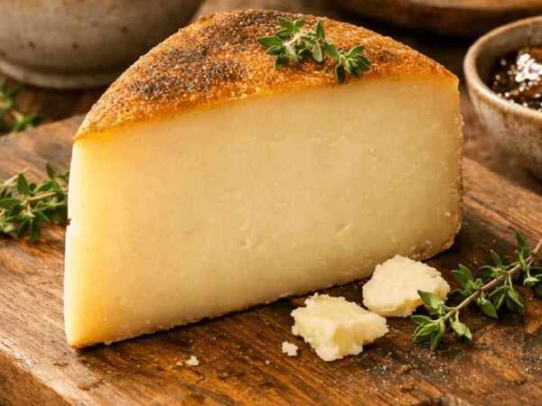 Greek Cheese Guide: 12 Traditional Varieties 4 Wedge of traditional Greek graviera cheese on a wooden serving board