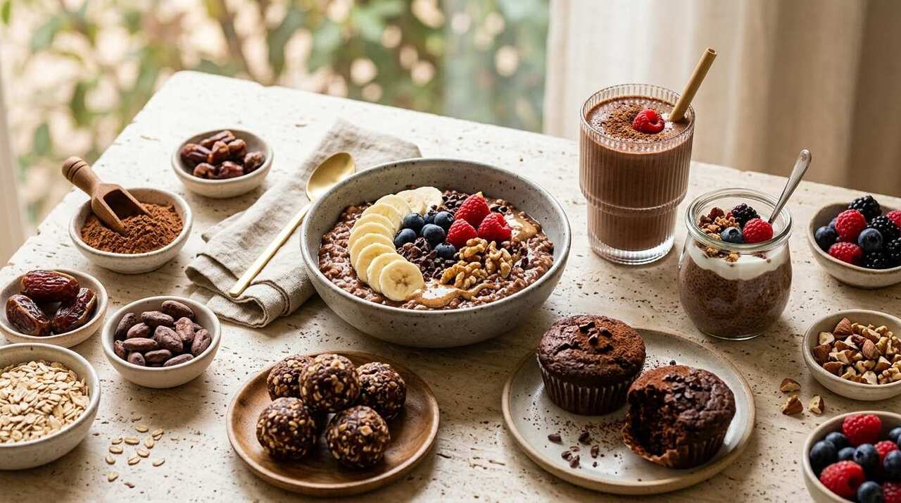 Healthy Recipes With Cacao: 10 Easy Ideas 5 Healthy recipes with cacao including oatmeal, smoothie, energy bites, chia pudding, and muffins