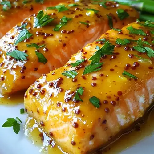 Honey Mustard Sauce for Salmon Recipe 1 Baked salmon fillet topped with a glossy honey mustard glaze and served with lemon