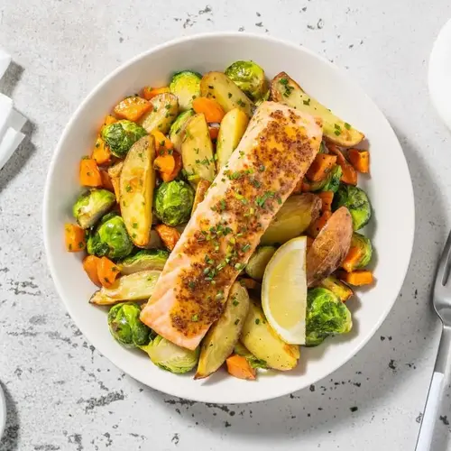Honey Mustard Sauce for Salmon Recipe 3 Honey mustard salmon fillet served with roasted vegetables for an easy dinner