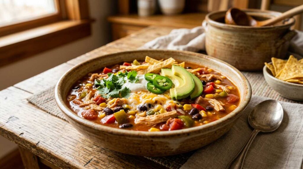Slow Cooker Chicken Taco Soup Recipe 1 Slow cooker chicken taco soup with shredded chicken, beans, corn, tomatoes, and taco toppings