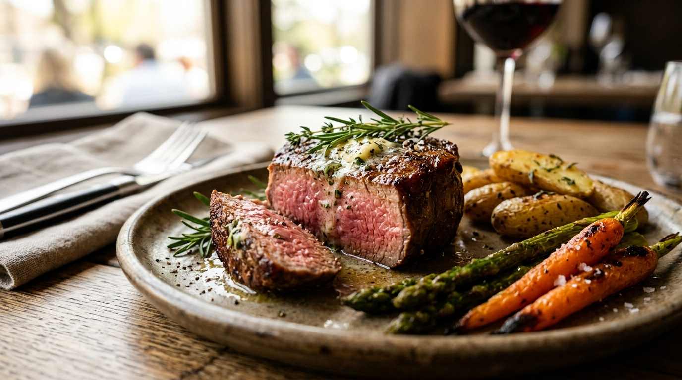 Tender Filet Mignon: Easy Garlic Butter Steak 6 Tender filet mignon steak with garlic butter, herbs, and roasted vegetables