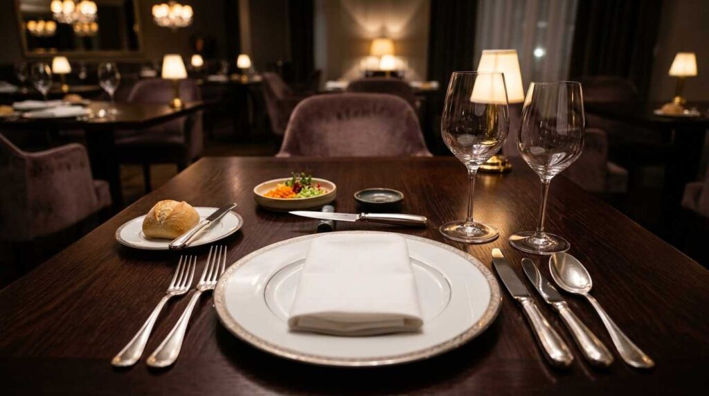 Formal table setting with properly arranged cutlery and fine dining tableware