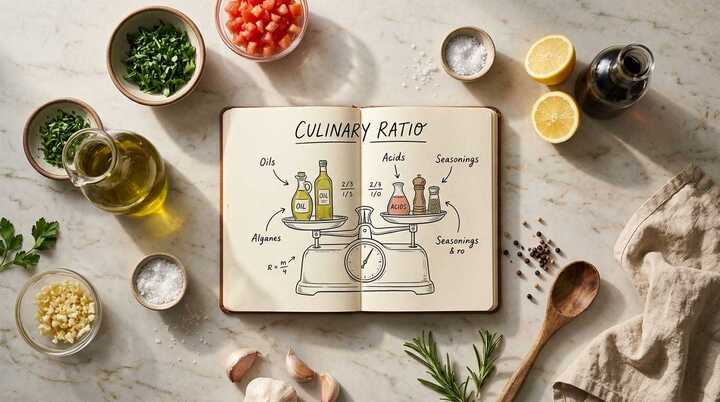 Infographic showing simple cooking formulas, ratios, and step-by-step guides for easy home meal preparation on a kitchen counter.