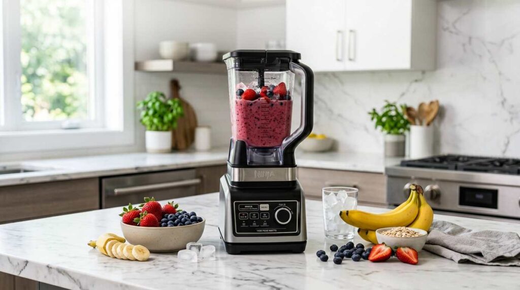 Ninja BN701 Professional Plus Blender Reviews 2 Ninja BN701 Professional Plus Blender with large pitcher on a modern kitchen countertop