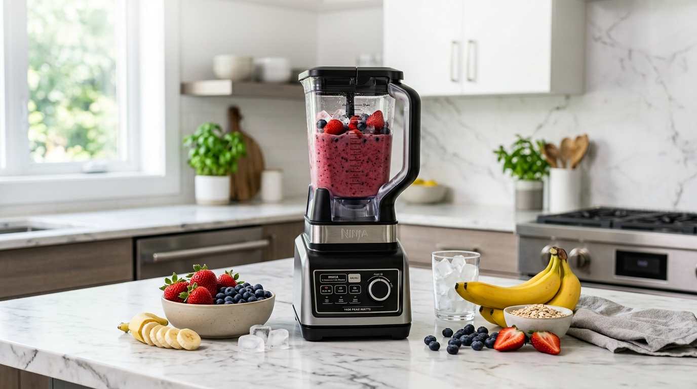 Ninja BN701 Professional Plus Blender Reviews 10 Ninja BN701 Professional Plus Blender with large pitcher on a modern kitchen countertop