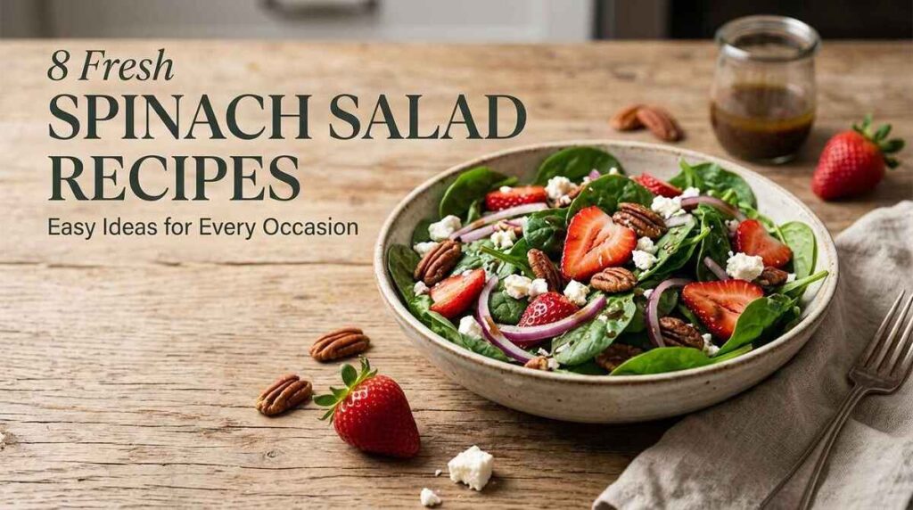 Spinach Salad Recipes: 8 Fresh and Easy Ideas 1 Fresh spinach salad recipes featuring baby spinach, strawberries, feta cheese, toasted pecans, and balsamic dressing.